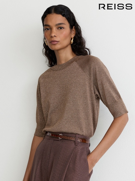 Bronze - Reiss Susanne Wool-blend Metallic-knit Short-sleeve Top