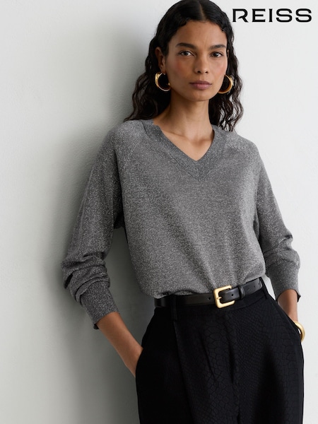 Silver Grey - Reiss Pammy Wool-blend Metallic-knit V-neck Jumper