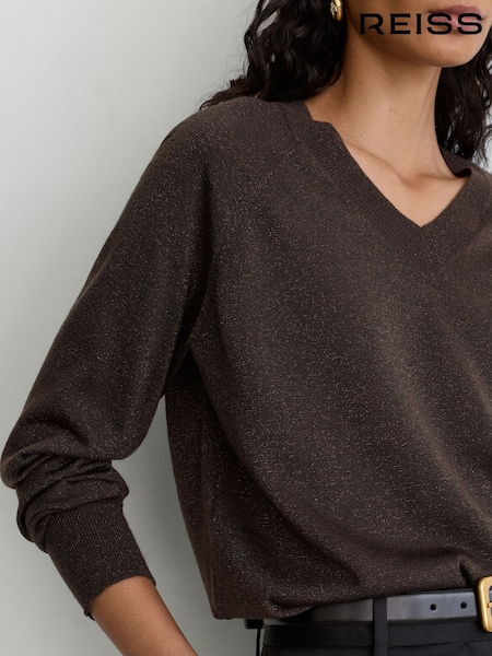 Chocolate Brown - Reiss Pammy Wool-blend Metallic-knit V-neck Jumper