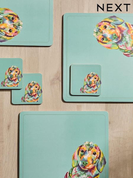 Set of 4 Teal Blue Sausage Dog Placemats and Coasters (592288) | €22