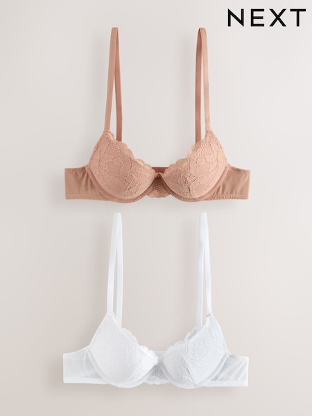 Praline Nude/White - Push Up Plunge Lace Bras 2 Pack