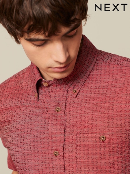 Roșu - 100% Cotton Textured Mânecă scurtă Cămăși (592659) | 119 LEI