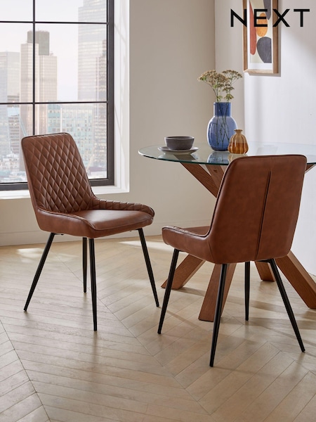 Set of 2 Faux Leather Tan Brown Hamilton Black Leg Quilted Dining Chairs (592994) | €320