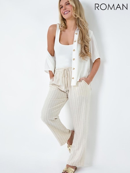Natural - Roman Petite Linen Blend Stripe Trousers