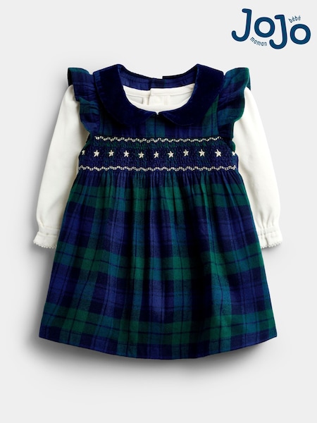 Navy Blue Tartan - Jojo Maman Bébé Smocked Baby Dress & Bodysuit Set
