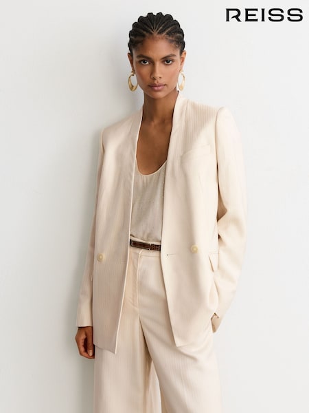 Krem boja - Reiss Juniper Jacquard-stripe Collarless Double-breasted Blazer