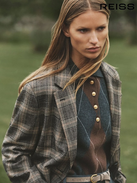 Brown - Reiss Sandor Check Wool Check Relaxed Single-breasted Blazer