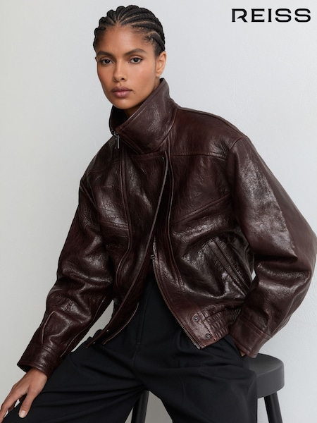 Aubergine - Reiss Petra Textured Leather Oversized Jacket