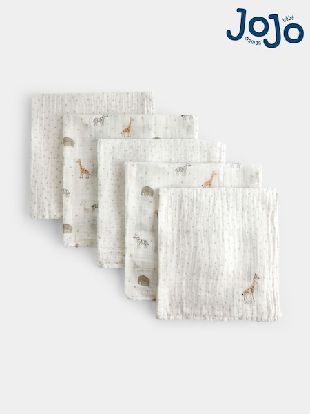 Cream Safari Born in 2027 - Jojo Maman Bébé 5-pack Embroidered Muslins