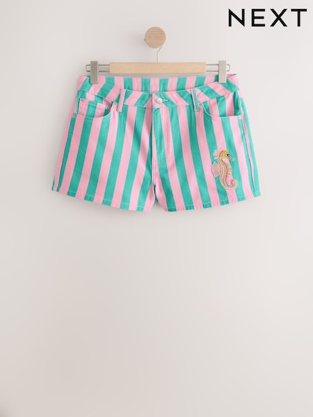 Pink/Turq Stripe - Embellished Denim Shorts