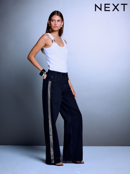 Black Embellished Side Stripe - Wide Leg Denim Jeans