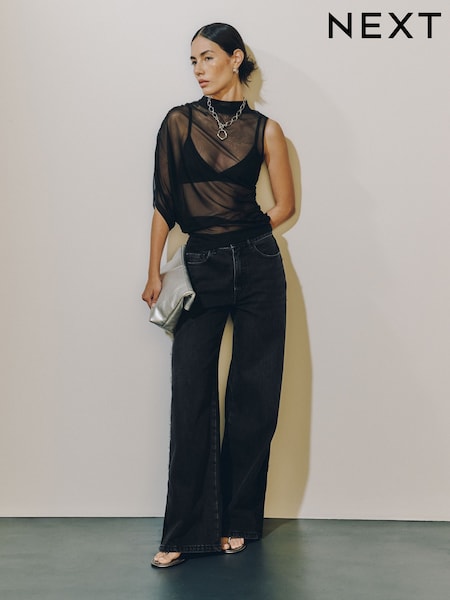 Black - High Rise Lace Wide Leg Jeans