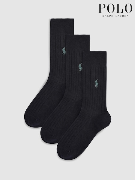 Polo Ralph Lauren Black Ribbed Cotton Blend Crew Socks 3 Pack (594561) | €44