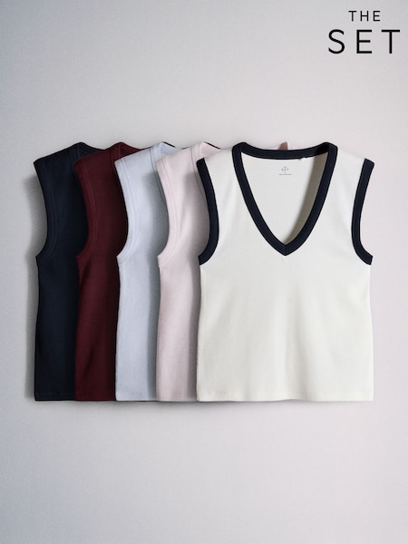 Tamsiai mėlyna / Burgundiška / Rožinė / Ekru - The Set 5 Pack Deep V-neck Ribbed Vests