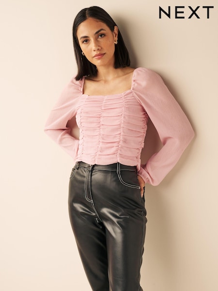 Розовый - Ruched Long Sleeve Georgette Top (594931) | €6
