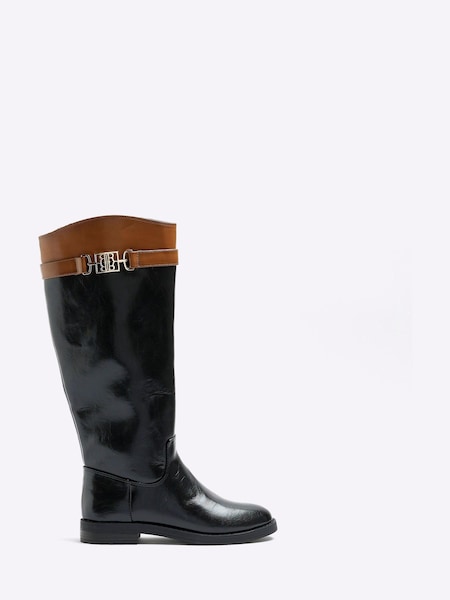 River Island Black Knee High Branded Strap Boots (595143) | €31