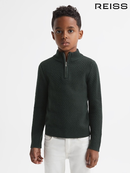 Reiss Forest Green Tempo Junior Slim Fit Knitted Half-Zip Funnel Neck Jumper (595153) | LEI 314