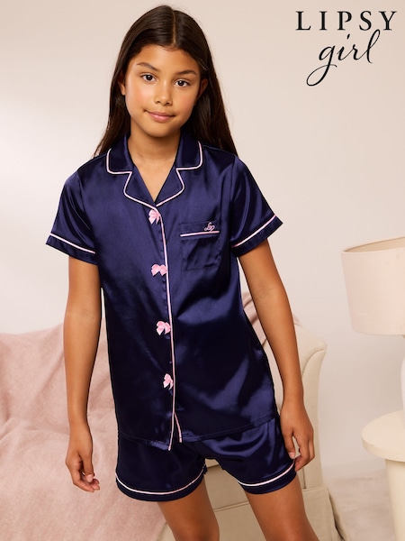 Navy Bow - Lipsy Satin Pyjamas (5-16yrs)