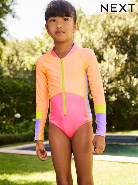 Orange/Pink Colour Block Long Sleeved Swimsuit (3-16yrs) (596344) | €25 - €32