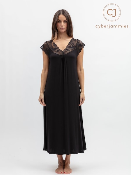 Black - Nora Rose Jersey Lace Detail Cap Sleeve Long Nightdress