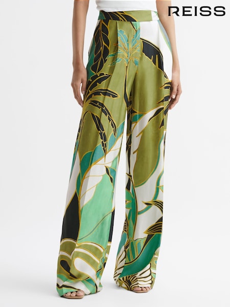 Reiss Green Print Luna Wide Leg Mid Rise Printed Trousers (597160) | €240
