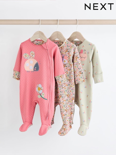 Multi Ladybird Baby Character Zip 100% Cotton Sleepsuits 3 Pack (0mths-2yrs) (597331) | 76 QAR - 83 QAR