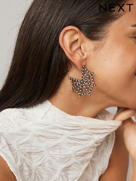 Silver Tone Halloween Spider Web Hoop Earrings (597523) | €5