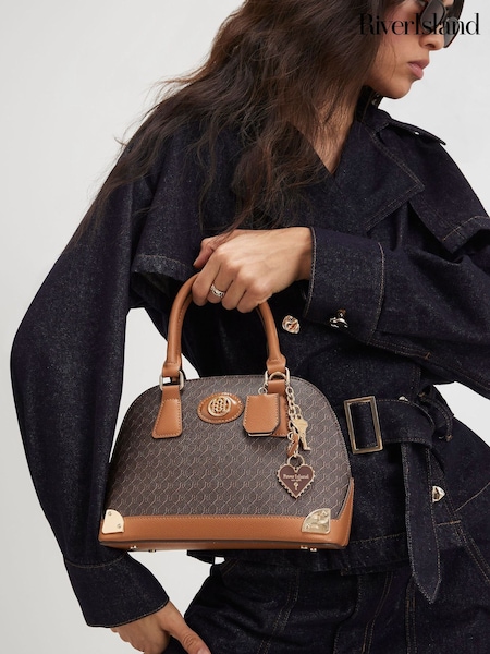 Brown - River Island Monogram Metal Corner Cross-body Bag
