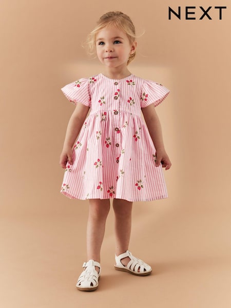 Pink Strawberry Stripe Button Up 100% Cotton Dress (3mths-8yrs) (597745) | €6.50 - €8