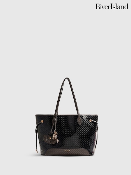 Black - River Island Monogram Patent Side Tie Shopper Bag