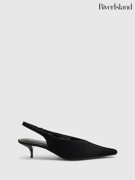 Black - River Island Suede Slingback Low Court Heels