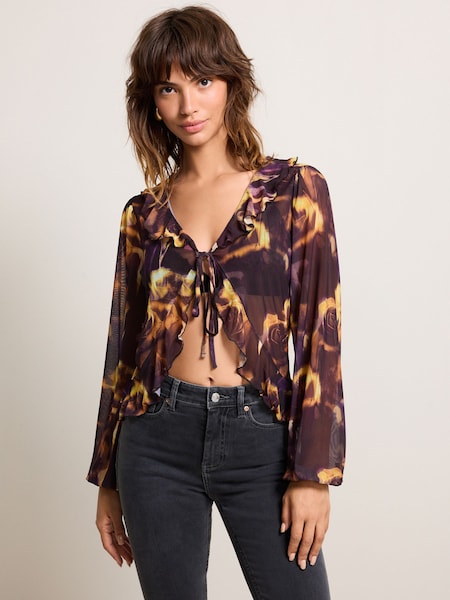 Gelber Druck - Mesh Tie Front Ruffle Long Sleeve Blouse (598300) | 11 €