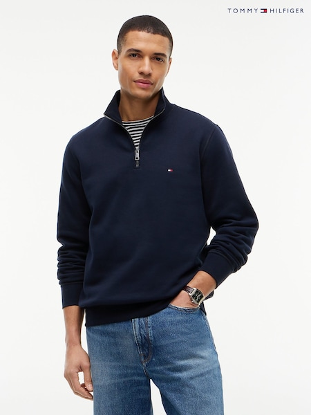 כחול  - Regular Tommy Hilfiger Peached Fleece Quarter Zip Sweatshirt