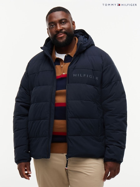 Blue - Regular Tommy Hilfiger Plus Double Layer Hooded Puffer Jacket