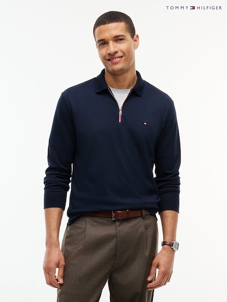 Blue - Regular Tommy Hilfiger Fluid Cotton Long Sleeve Polo Shirt