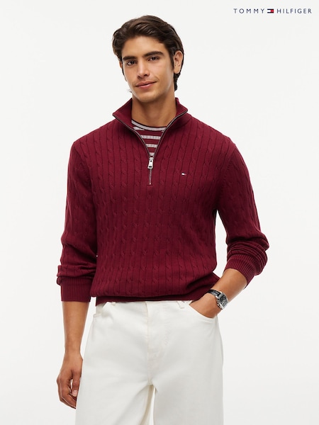 أحمر - Regular Tommy Hilfiger Cable Knit Quarter Zip Jumper
