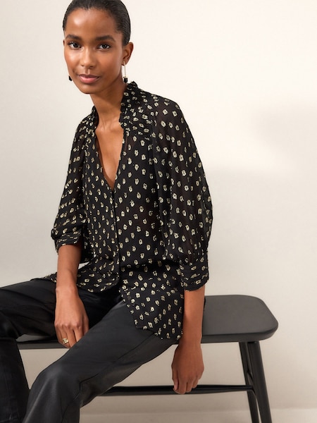 Черный - V-Neck Metallic Spot 3/4 Sleeve Blouse (599674) | €19