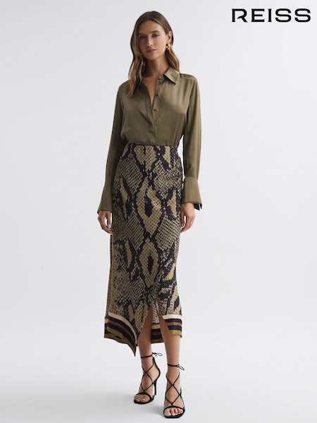 Reiss Brown Daria Snake Print Midi Skirt (599758) | €60