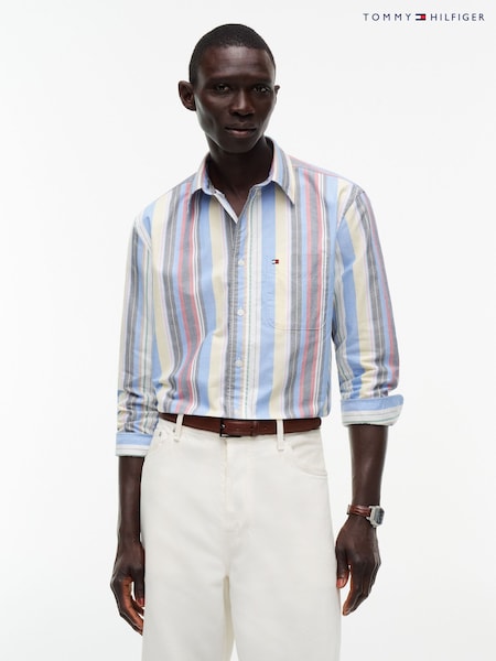 Blue - Regular Tommy Hilfiger Relaxed Fit Mixed Stripe Oxford Shirt