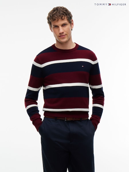 Red/Navy - Regular Tommy Hilfiger Crew Neck Jumper With Cashmere
