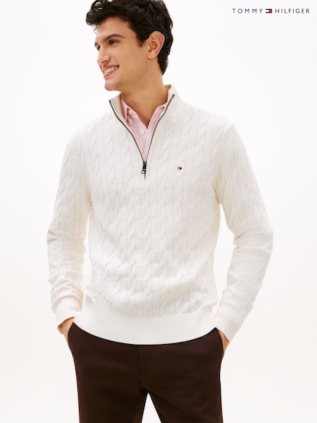 Cream - Regular Tommy Hilfiger Cable Knit Quarter Zip Jumper