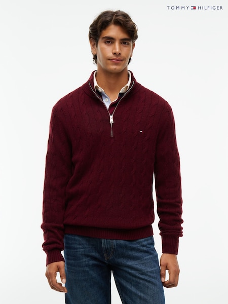 Қызыл - Regular Tommy Hilfiger Pure Lambswool Cable Knit Quarter Zip Jumper
