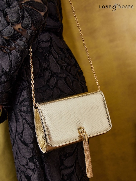 Gold Lizard Effect - Love & Roses Tassel Clutch
