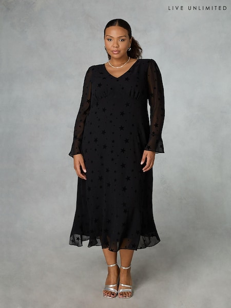 Live Unlimited Curve Flock Star Flute Sleeve Midi Black Dress (600138) | €66