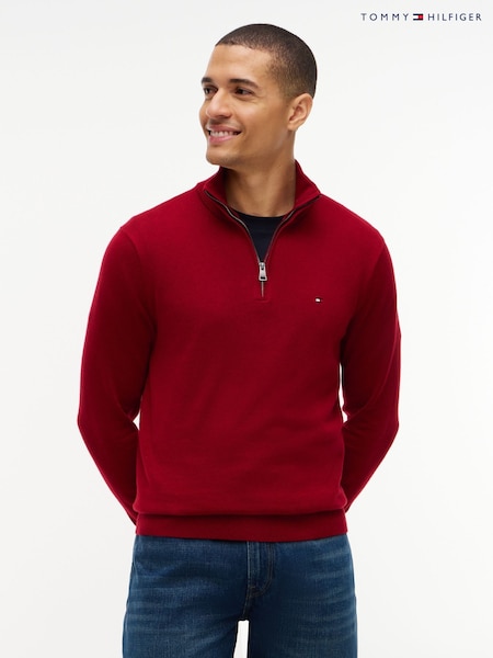 Red - Regular Tommy Hilfiger Mock Neck Quarter Zip Jumper With Cashmere