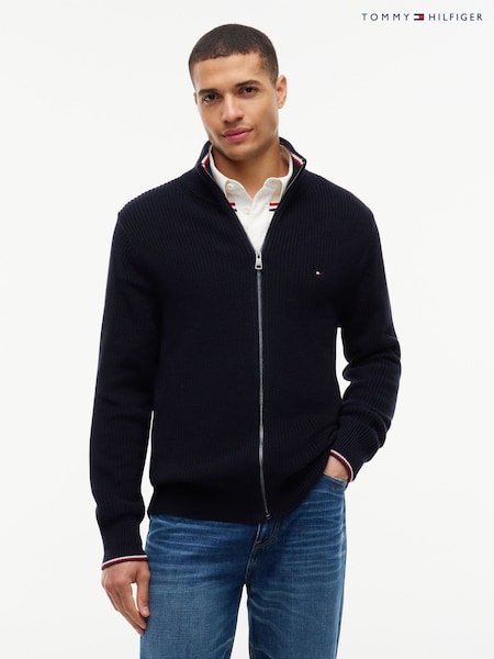 Blue - Regular Tommy Hilfiger Tipped Cuff Ribbed Zip Thru Jumper