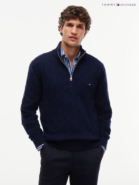 Темно-синий - Regular Tommy Hilfiger Pure Lambswool Cable Knit Quarter Zip Jumper