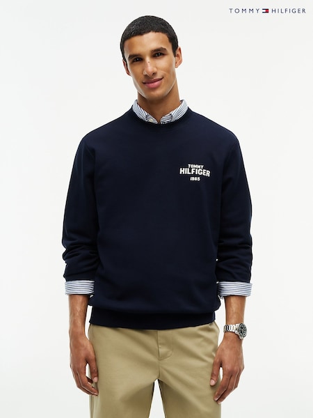 Blue - Regular Tommy Hilfiger 1985 Logo Terry Crew Neck Sweatshirt