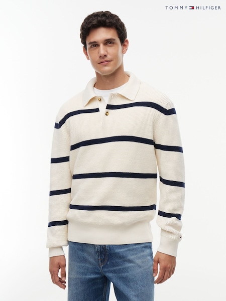 White - Regular Tommy Hilfiger Waffle Knit Relaxed Rugby Jumper