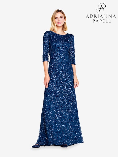 Adrianna Papell Blue 3/4 Sleeve Beaded Mermaid Gown (600607) | €217